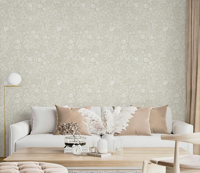 Guvana Beige and Cream White Peel and Stick Wallpaper Floral Wallpaper Slef Adhesive Removable Waterproof Contact Paper Boho Wall Paper for Dining Room Bedroom Living Room Bathroom Kitchen 17.3"×394" - Image 4