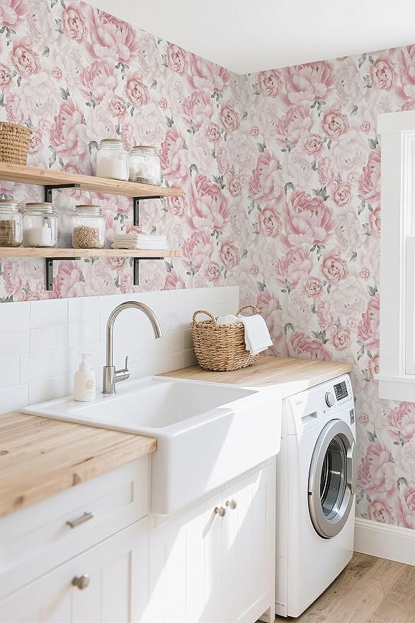 Safiyya Pink Floral Wallpaper Peel and Stick Removable Self Adhesive Wall Paper for Bedroom Bathroom Flowers Contact Paper for Cabinets Walls Vinyl Rolls 197'x 17.3" - Image 8