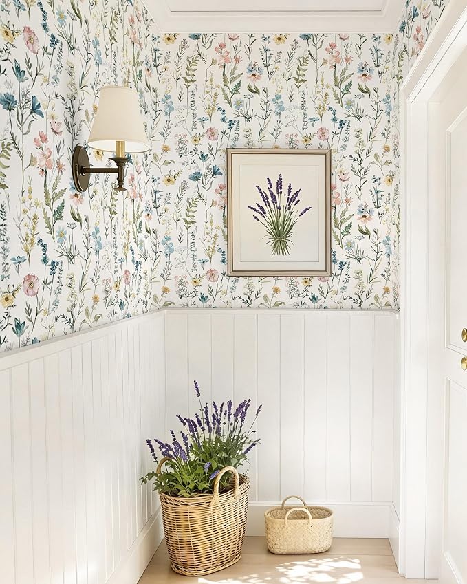 Dimoon Boho Peel and Stick Wallpaper Beige Floral Contact Paper 17.3x78.7in |Blue Wildflower Botanical Renter Friendly Removable Self Adhesive Stick on Wall Paper Decor for Bathroom Bedroom Vinyl - Image 2