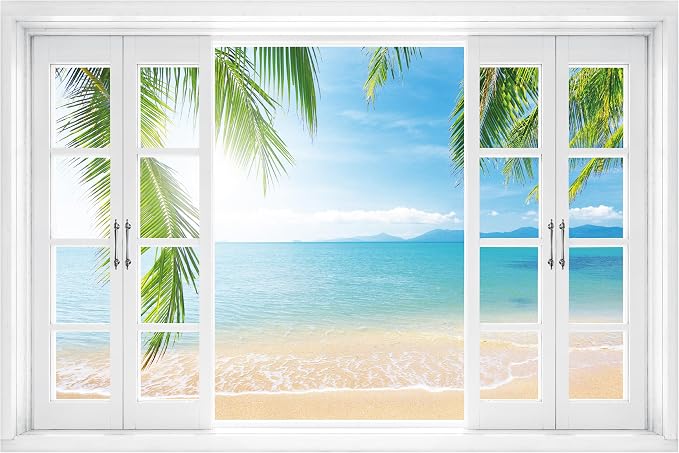 FLFK Fake Window Wall Mural - Tropical Ocean View Peel and Stick Decal, 80 x 60 inches, Set of 5 Sheets by FLFK