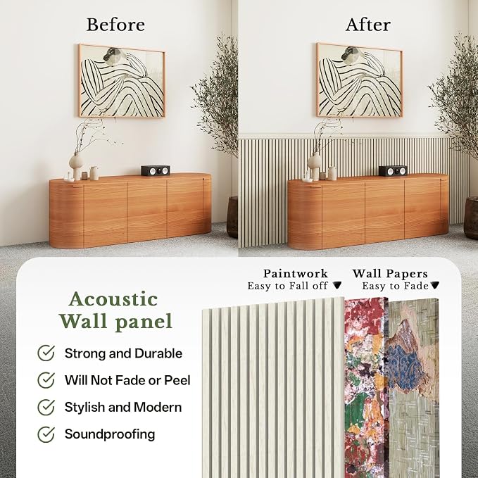 MISSDAY Wood Slat Acoustic Wall Panels, 4 Packs 47.2" x 23.6" White Soundproof Panel For Interior Wall Decor Noise Absorbing-3D Textured Wooden Panel Sound-Absorbing for Home, Office, Studio - Image 4