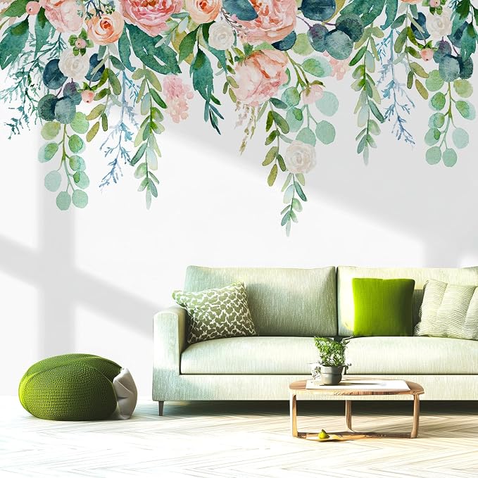 Watercolor Flowers Leaves Wall Decals Peel and Stick, Large Floral Flowers Wall Stickers, Removable Vine Home Decor Art for Bedroom Living Room Classroom Office by VePret