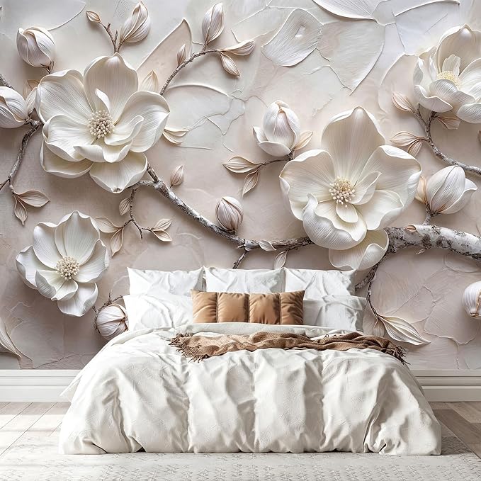 MFWFM Floral Peel and Stick Wallpaper 3D Relief Magnolia Flower Wall Mural | 157"x110", for Bedroom Living Room Bathroom, Self Adhesive Canvas by MFWFM
