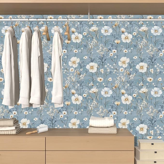 Laatse Vintage Floral Wallpaper Peel and Stick 17.5" x 118",Blue/White | Self Adhesive/Removable/Waterproof/Thick Vinyl Contact Paper for Bathroom Bedroom Shelf Cabinet Drawer,Prepasted,Easy Peel - Image 8