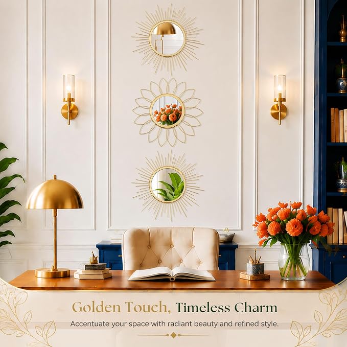 3 Pack Metal Mirrors for Wall Sunburst Wall Mirrors Home Décor Decorative Hanging Wall Art for Living Room Bedroom Entryway (Gold, Flower+Sunburst) - Image 6