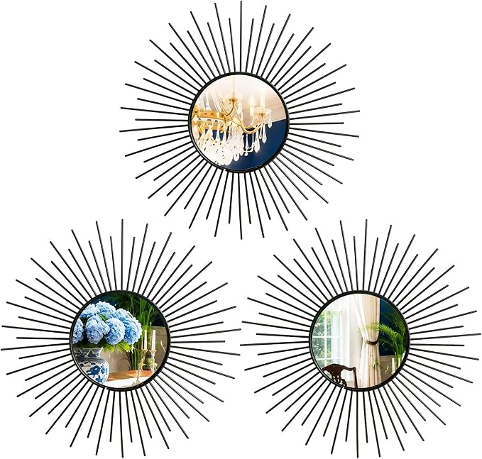 3 Pack Metal Mirrors for Wall Sunburst Wall Mirrors Home Décor Decorative Hanging Wall Art for Living Room Bedroom Entryway (Black2, Sunburst) by Uaussi