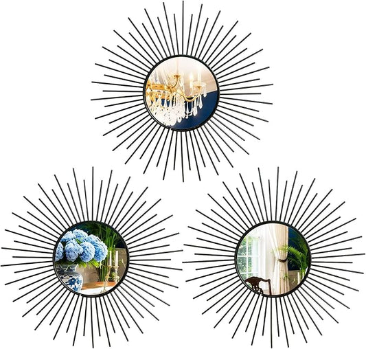 3 Pack Metal Mirrors for Wall Sunburst Wall Mirrors Home Décor Decorative Hanging Wall Art for Living Room Bedroom Entryway (Black2, Sunburst) by Uaussi