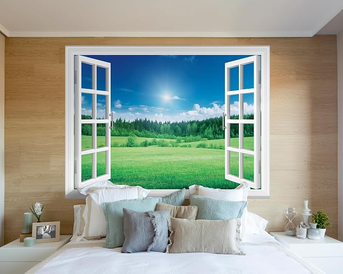 FLFK Fake Window Wall Mural - Grassland Forest Faux Window Wall Decal for Wall Decor, Peel and Stick Wall Sticker,80"x60",Set of 5 Sheets - Image 5