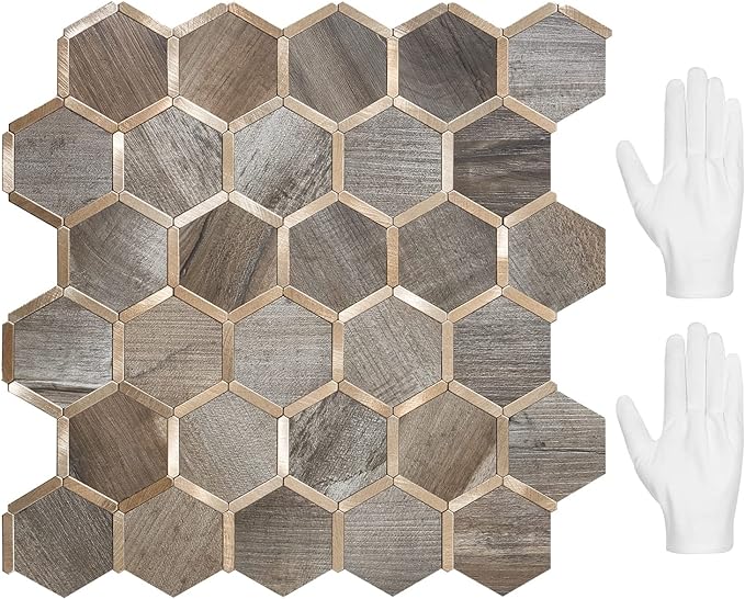 STICKGOO Hexagon Peel and Stick Backsplash Tile, Stick on Backsplash for Kitchen and Bathroom, Wood Texture PVC Mixed Metal Gold Self Adhesive Wall Tiles(10 Sheets, Seamless) by STICKGOO