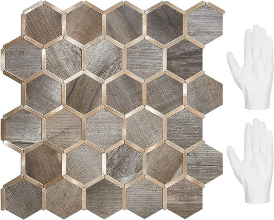 STICKGOO Hexagon Peel and Stick Backsplash Tile, Stick on Backsplash for Kitchen and Bathroom, Wood Texture PVC Mixed Metal Gold Self Adhesive Wall Tiles(10 Sheets, Seamless) by STICKGOO