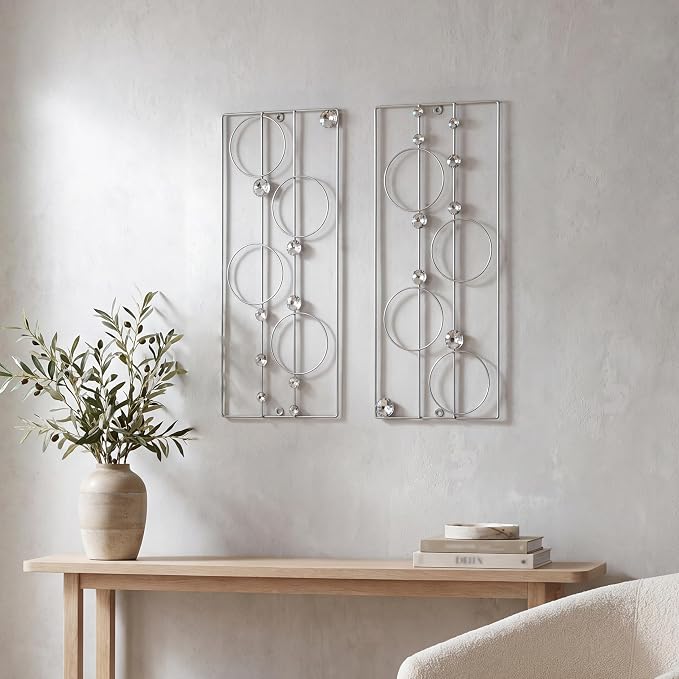 ZEXUIRU 2 Pcs. Abstract Metal Art for Wall Decor Living Room Bedroom Bathroom Office Metal Bling Modern Geometric Hanging Vertical Small Iron Sculpture Plaque Pack -Silver 24in by ZEXUIRU