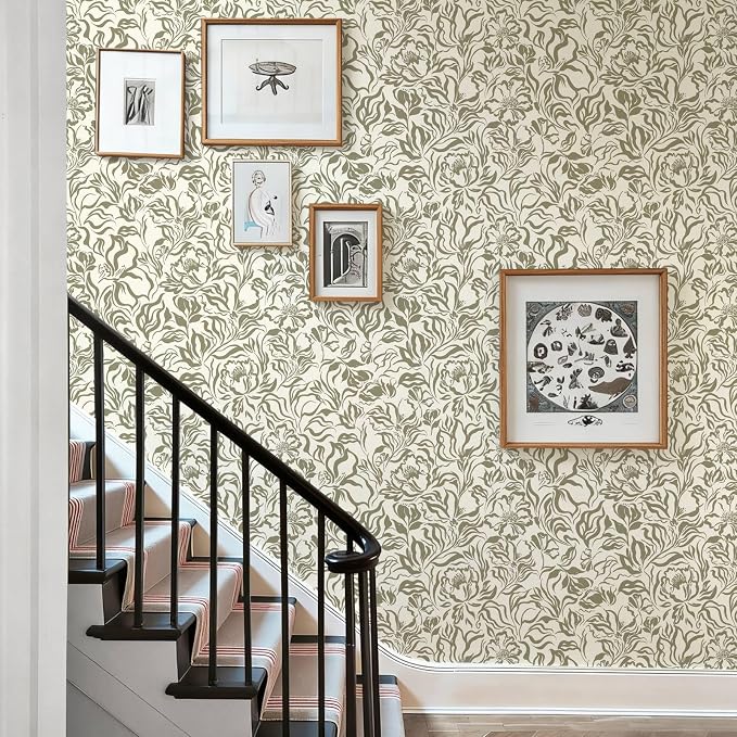 Ismoon Vintage Floral Wallpaper Peel and Stick Beige and Green Contact Paper 17.3in x 32.8ft Peony Flower Abstract Striped Floral Wallpaper for Bathroom Bedroom Removable Vinyl Renter Friendly - Image 6