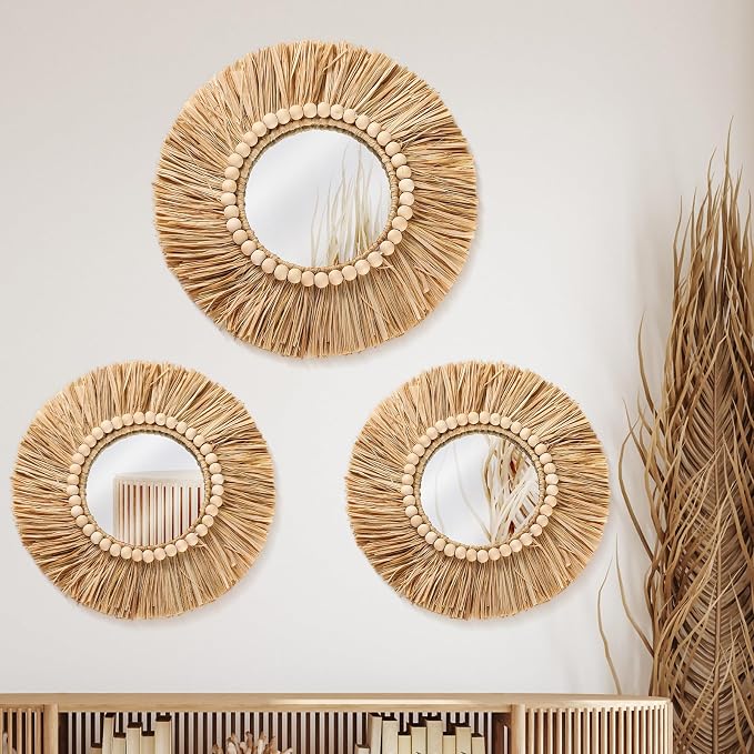 3 Pcs Boho Raffia Round Mirror Wall Hanging Decor with Wood Bead by Gulfmew