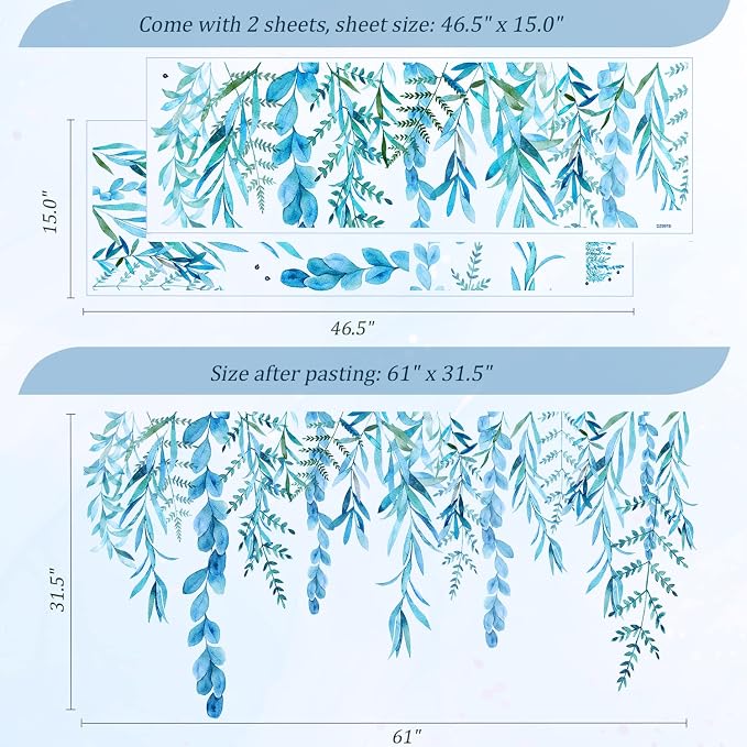 Blue Hanging String of Willow Wall Decals Peel and Stick, Large Plants Vinyl Wall Stickers, Removable Vine Home Decor Art for Bedroom Living Room Classroom Office - Image 2