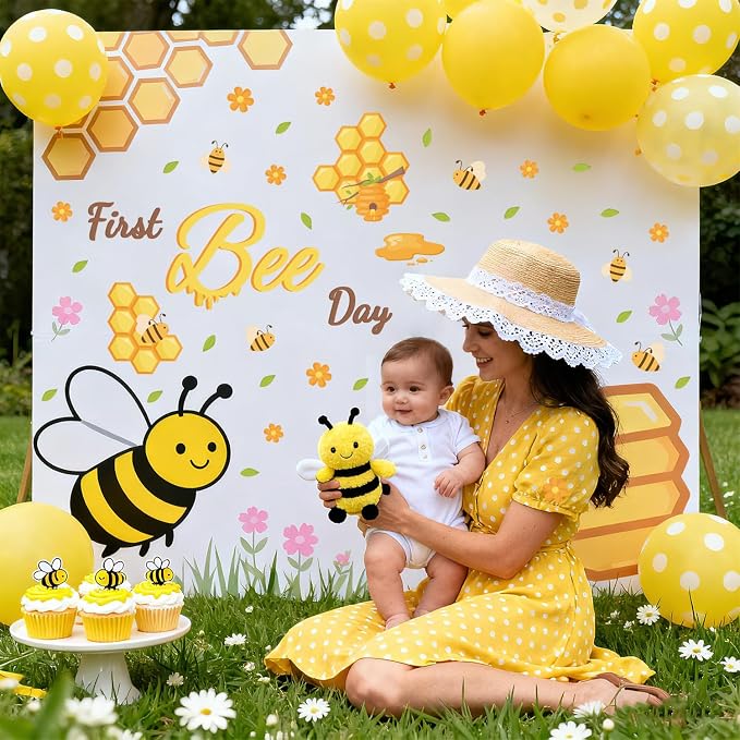 LHIUEM First Bee Day Birthday Party Decals for Baby Shower Balloon Arch Backdrop Baby Boy or Girl One Bee Stickers Yellow 1st Bees Day Sweet Happy Birthday Decoration for Centerpieces Party Supplies by LHIUEM