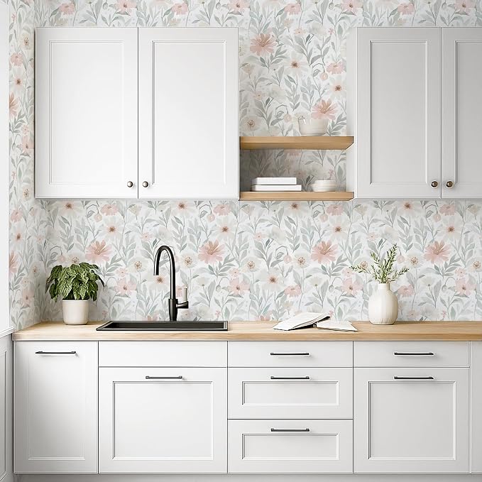 Peel and Stick Wallpaper Pink and Green Floral Wall Paper French Country Vintage Contact Paper Neutral Botanical Self Adhesive Removable Wallpaper for Kitchen Living Room Bathroom Bedroom 17.3" × 394" - Image 2