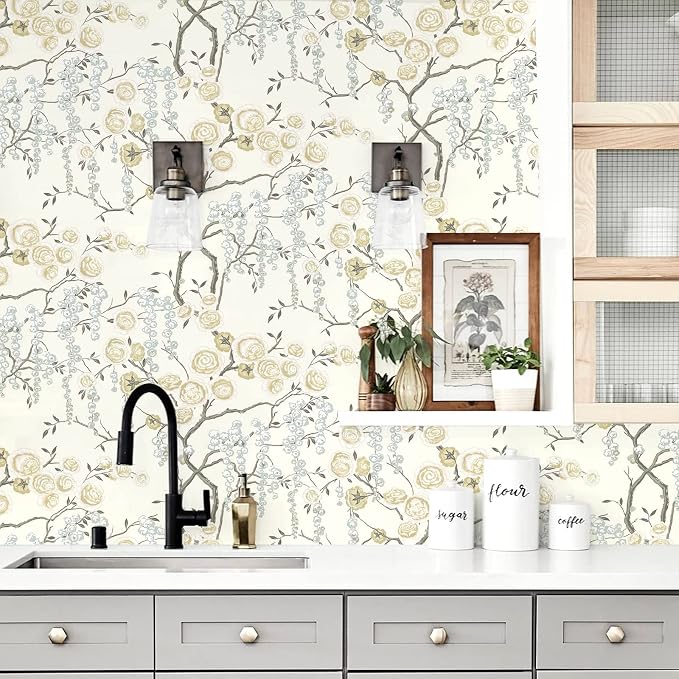 Orainege Peel and Stick Wallpaper Vintage Floral Contact Paper | 17.7in ×118.1in Beige Yellow Floral Wallpaper Self Adhesive Wall paper for Bathroom Living Room Removable - Image 7
