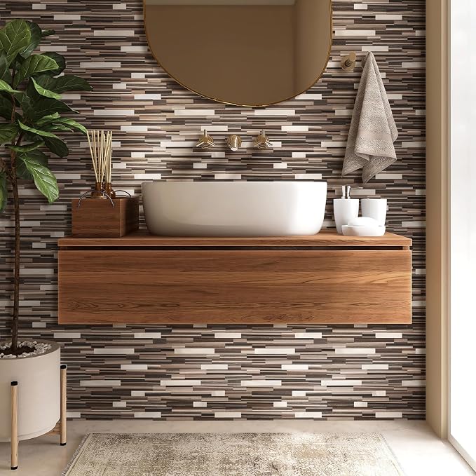 Yipscazo 10 Sheets Peel and Stick Stone Metal Tile Backsplash, Stick on Tiles for Backsplash Kitchen, Bathroom, Laundry Room, Camper, Fireplace (12'' X 12'', Brown Wood) - Image 4