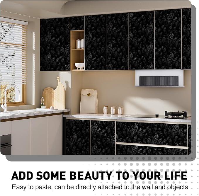Black Peel and Stick Wallpaper 17.7"x80" Feather Wallpaper Removable Modern Vinyl Wall Paper Waterproof Contact Paper for Bedroom Living Room - Image 8