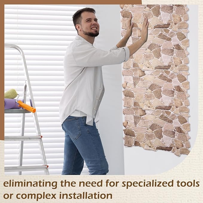 3D Faux Stone Wall Panels 12 Pack Covers 55.6 Sq ft, 38.6" x 18.9" | Peel and Stick, Lightweight PVC Wall Tiles for Interior Accent Walls Living Room TV Background Fireplace Surround(5.16m2) - Image 4