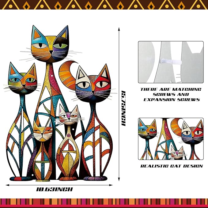 Wesiti Cat Wall Art Metal Decor Colorful Retro Mid Century 10.6x15.7 in | Iron Sculpture for Cat Lovers, Geometric Design for Living Room Bedroom Kitchen Office, Adds Retro Artistic Personality - Image 2