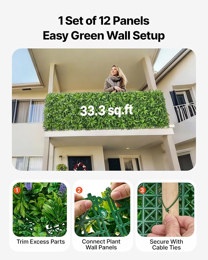VEVOR Artificial Plant Wall, 40 x 120 in Artificial Boxwood Panels, Sun Protection Greenery Backdrop Privacy Hedge Fence, Fake Grass Screen for Wedding, Indoor, Outdoor Garden, Backyard,Mixed Leaf - Image 4