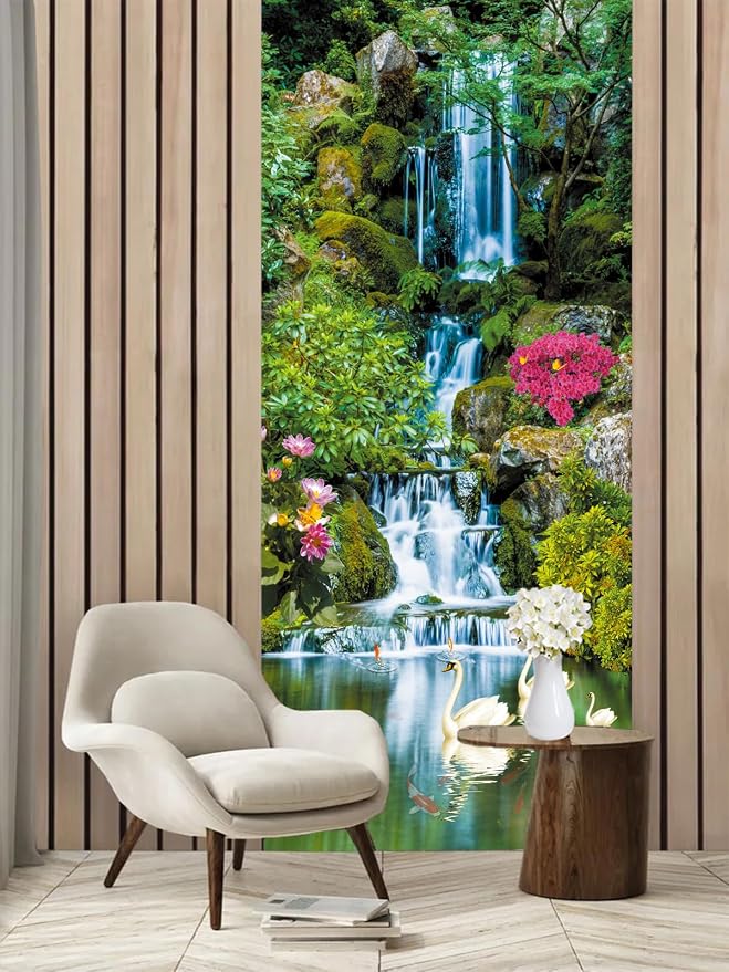 artfanke 3D Peel and Stick Door Sticker 30.3"x78.7"- Self-Adhesive Door Wallpaper Murals Decal-Waterfall Swan Wall Poster for Home Decor (2 Sheets/Set) - Image 3