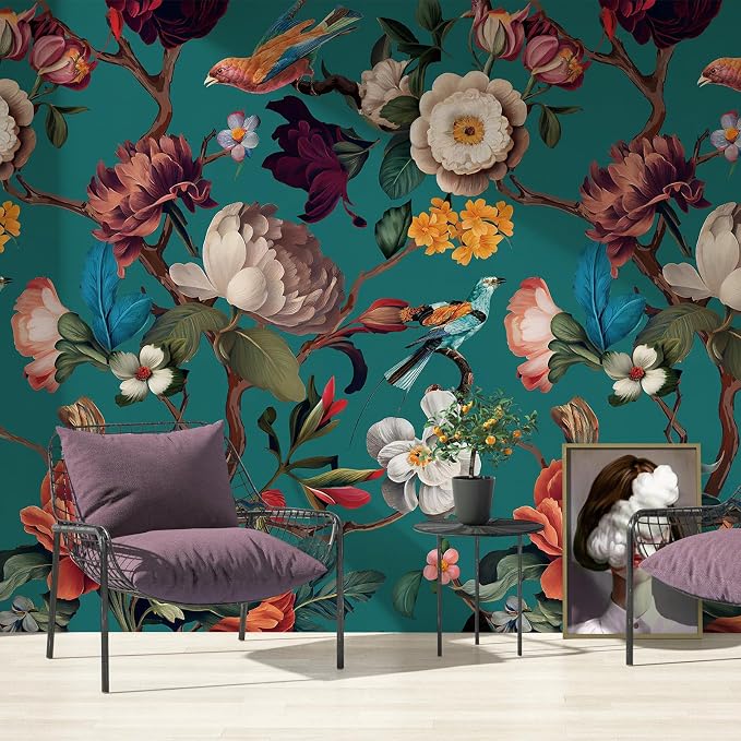 Zeeko Vintage Blue Floral Peel and Stick Wallpaper Mural, 98" x 59" | Large Flower Art Deco Wall Murals, Ideal for Bedroom TV Background Wall Paintings, Home Decor - Image 3