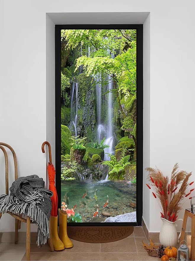 artfanke 3D Peel and Stick Door Sticker 33.5"x84.6"-Self-Adhesive Door Murals Wallpaper-Green Forest Waterfall Wall Decal for Home Decor (2 Sheets/Set) - Image 6