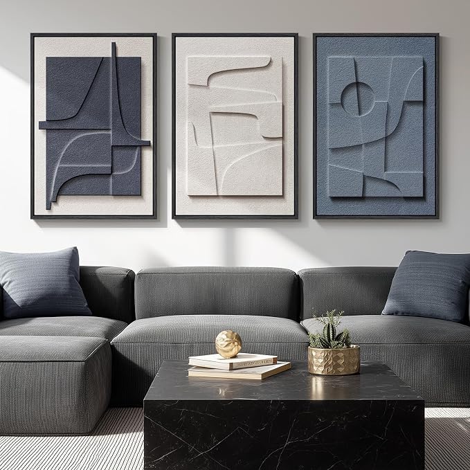Large 3D Textured Framed Blue White Abstract Wall Art Set, 3 Piece 20x30 In | Solid wood frames, raised geometric reliefs, navy blue and ivory tones, modern wall decor for living room bedroom and office by Cuspin