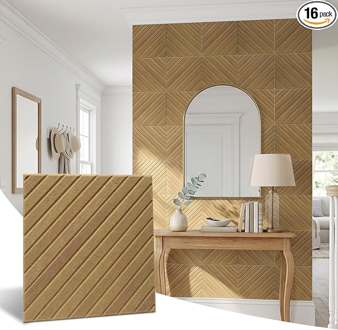 16-Pack Acoustic Wall Panels, 11.8" x 11.8" Peel and Stick PET Diagonal Slat Soundproof & Noise Cancelling Felt with 96 Adhesive Tabs, 3D Textured Sound Absorbing Panels for Home Office, Natural Oak by premiumqualitypeelandsticktile