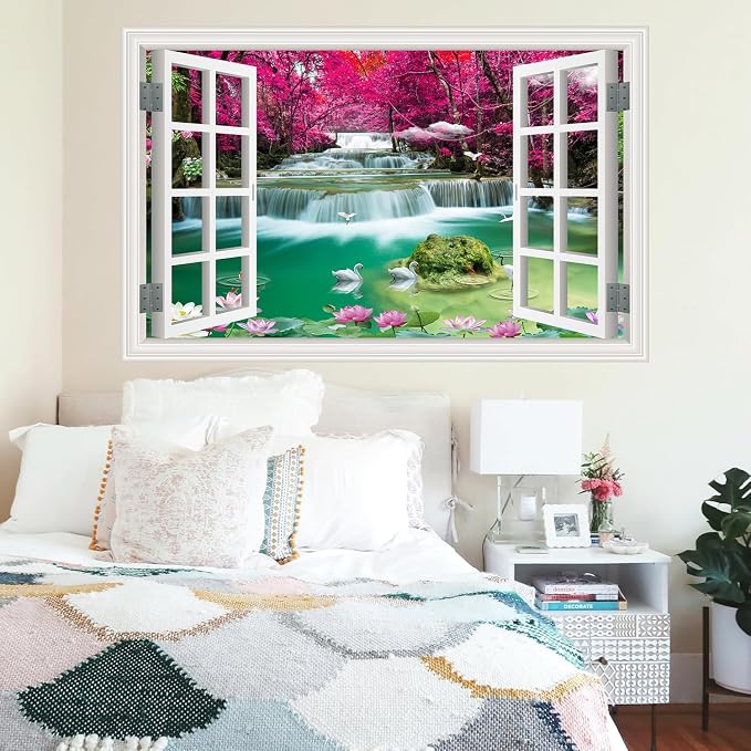 ‌Lmyhome Fake Window Wall Mural Waterfall (48"x32") | Peel and Stick Faux Window Wall Sticker Decal Poster for Bedroom Home Decor - Image 2