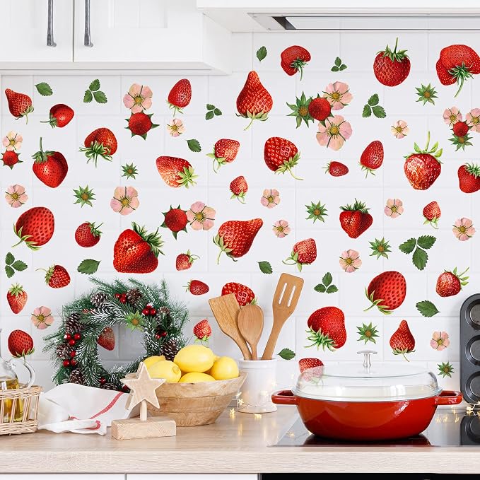4 Sheets Removable New Strawberry Wall Decal Fresh Fruit Wall Decoration DIY Peel and Stick Wall Art Wallpaper for Bedroom Living Room Kid's Room Nursery Rental House Apartment Decoration - Image 4