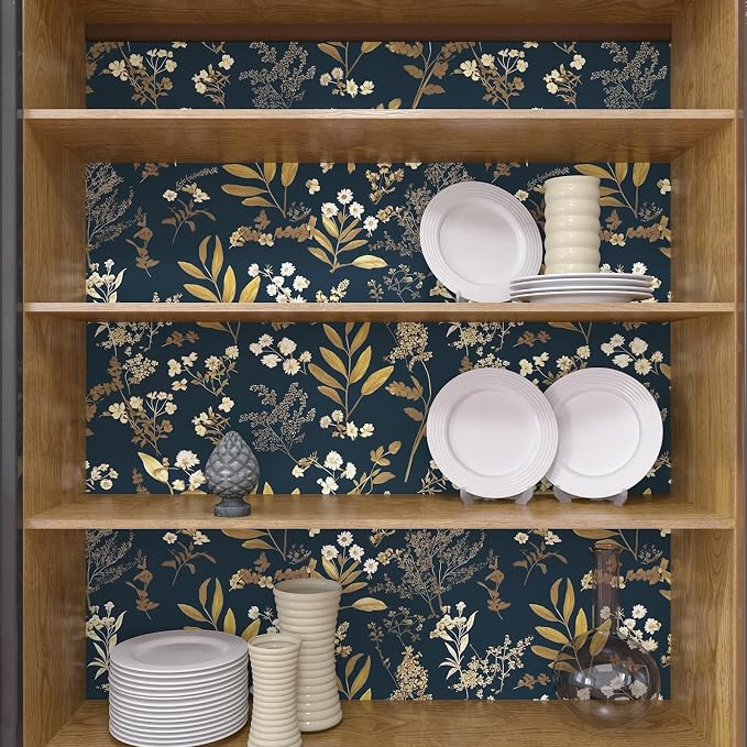 Laatse Vintage Dark Blue Floral Boho Peel and Stick Wallpaper 17.5"x787" | Self Adhesive/Removable/Waterproof/Thick Vinyl Extra Long Contact Paper for Bathroom Bedroom Shelf Cabinet Drawer,Prepasted - Image 6