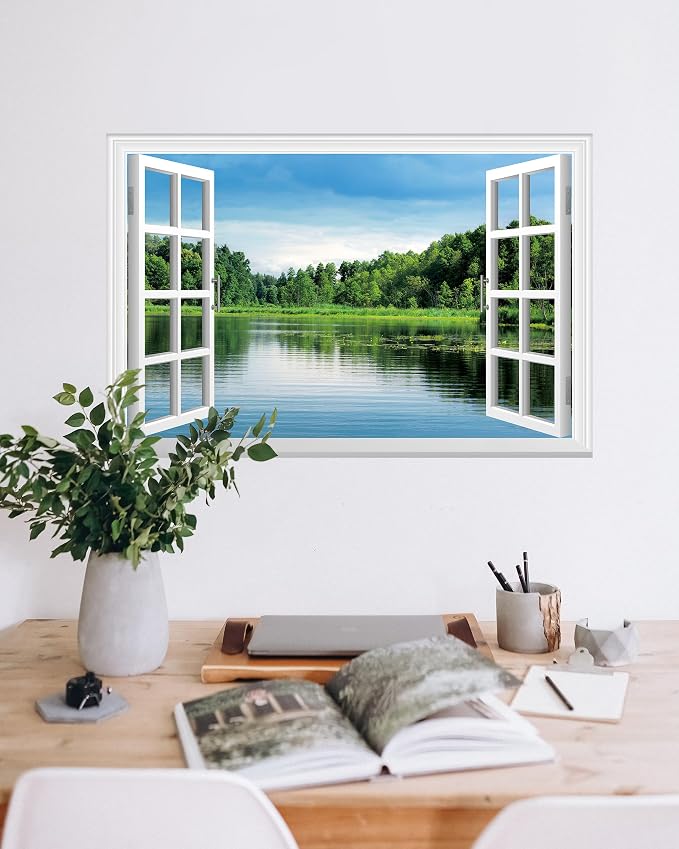 FLFK Fake Window Wall Sticker, Lake Forest Nature View Peel and Stick Mural, White Frame, Self-Adhesive Removable Decal, 24 x 16 Inches, Easy Peel and Stick, for Home, Office, Bedroom Decor - Image 3
