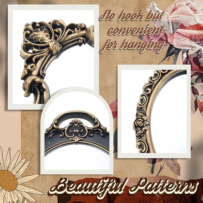 Beeveer 3 Style Vintage Mirrors Set Decorative Oval Wall Mirror Small Antique Mirrored Tray Decorative Hanging Mirror for Bathroom Bedroom Jewelry Organizer Victorian Decor (Shield,Antique Gold) - Image 3