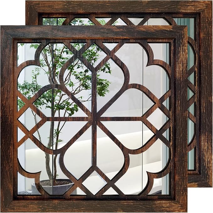Wocred 20inch 2 PCS Square Wall Mirror,Gorgeous Rustic Farmhouse Accent Mirror, Caramel Color Entry Mirror for Bathroom Renovation,Bedrooms,Living Rooms and More. by Wocred