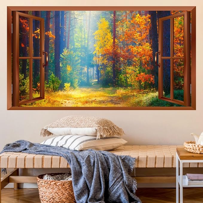 Fall Wall Stickers 3D Fake Windows Forest Trees Wall Decals Peel and Stick | Removable Fall Trees Landscape Faux Window Stickers, Thanksgiving Day Art Murals, for Bedroom Living Room Office Decoration by kokolap