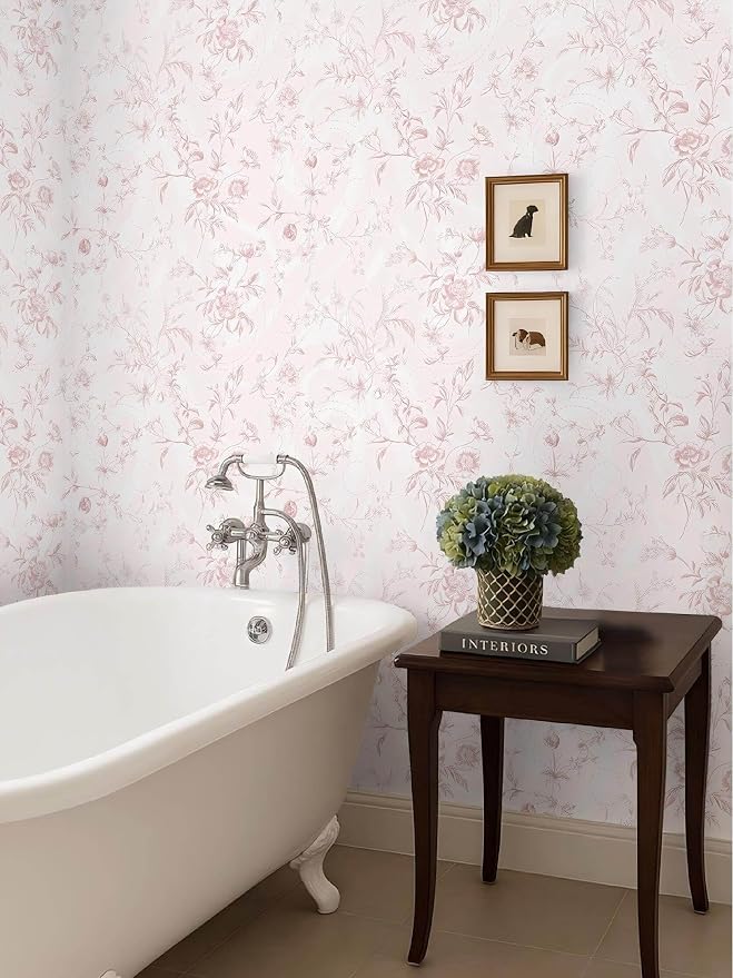 Ismoon Floral Peel and Stick Wallpaper Pink Stick on Wall Paper Vintage French Contact Paper for Cabinet Textured Removable Self Adhesive Wallpaper Vinyl Roll Shelf Deco, 17.3x196in - Image 8