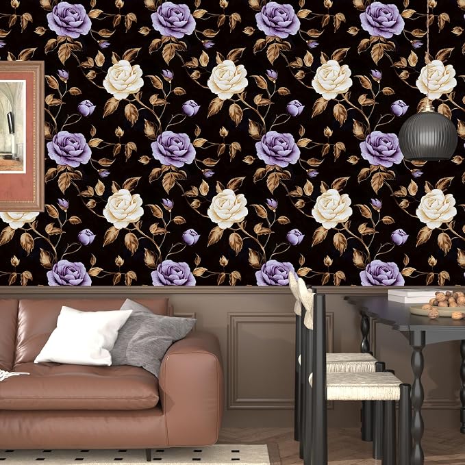Laatse Dark Purple Gold Rose Floral Wallpaper Peel and Stick 17.5''x393'' | Self Adhesive/Removable/Waterproof/Thick Vinyl Contact Paper for Bathroom Bedroom Shelf Cabinet Drawer,Prepasted,Easy Peel - Image 7