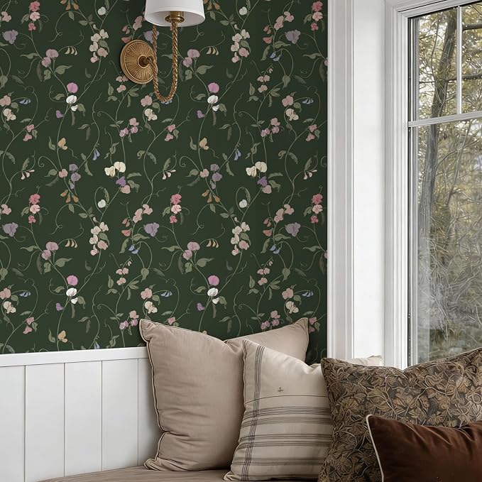Vintage Wallpaper Peel and Stick Dark Green Floral Wallpaper Leaf Contact Paper Vinyl Waterproof Self Adhesive Boho Botanical Wall Paper for Bedroom Shlef Cabinet Decor 17.3" x 78.7" by LUKUUI