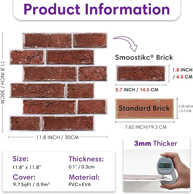 3D Faux Brick Wall Panels Peel and Stick, Designed for Quick DIY | Dark Red, 10 Pcs 11.8" x 11.8", Small Brick-Look, Ultra-Light PVC Fake Brick Covering for Wall Renovation, Cover 9.7 sq ft - Image 3