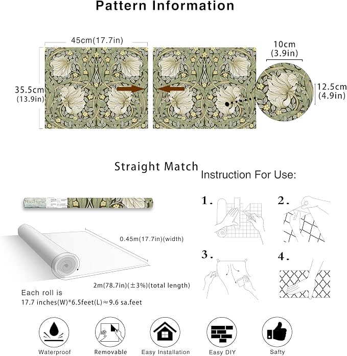 HAOKHOME Peel and Stick Wallpaper William Morris Style Botanical Vintage | Sage Green Textured Wall Paper Renter Friendly Removable Yellow Floral Cabinet Drawer Decor Retro Contact Paper 17.3in x6.6ft - Image 7