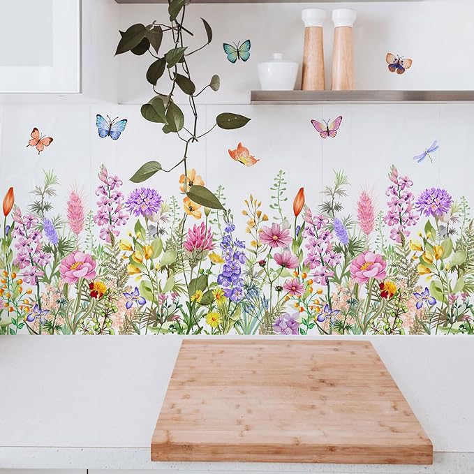 Wildflower Wall Decals Peel & Stick Floral Wall Art | Removable Flower Wall Stickers, For Girls Bedroom Nursery Living Room, With Butterflies Vines Daisies, DIY Home Decor - Image 4