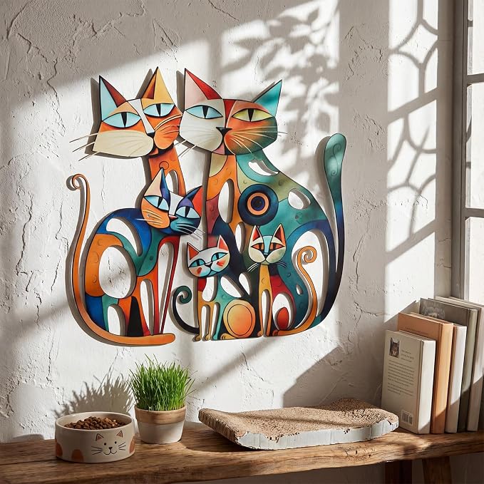 Wesiti Cat Wall Art Metal Decor 13.7x13 Inch Colorful Retro Mid Century | Iron Wall Sculpture, Cat Lover Gift, Bathroom Bedroom Kitchen Office Decor, Colorful Cat Pictures Artwork - Image 4