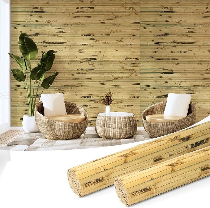Art3d Natural Bamboo Wall Panel for Interior Wall Decor, Renewable Pole Wrap Wainscoting Paneling for Wall Ceiling Furniture Cabinet Office, 48 x 96 Inch, 2-Pack - Light Burned by Art3d