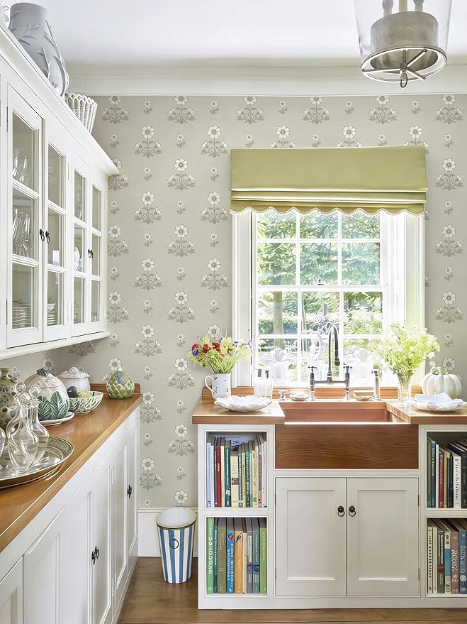 Vintage Floral Wallpaper Floral Peel and Stick Wallpaper for Bathroom 78.7"×17.3" Daisy Wall Paper White and Green Cottagecore Contact Paper for Nursery Kitchen Self-Adhesive Vinyl Waterproof - Image 5