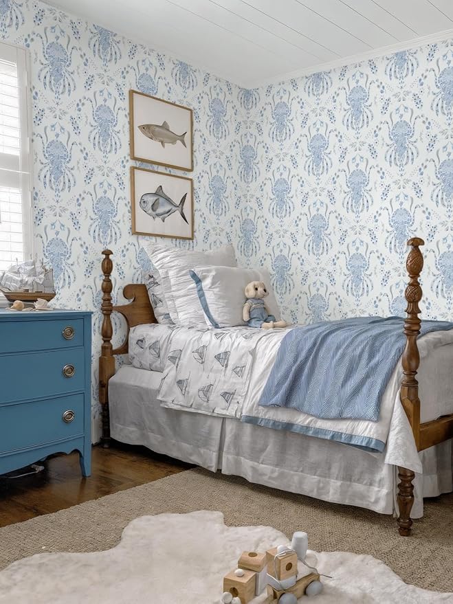 Dimoon Blue Peel and Stick Wallpaper Coastal Contact Paper Bathroom Ocean Beach Wallpaper Boho Jellyfish Renter Friendly Nautical Waterproof for Nursery Kitchen Bedroom Vinyl 17.3''x197'' - Image 7