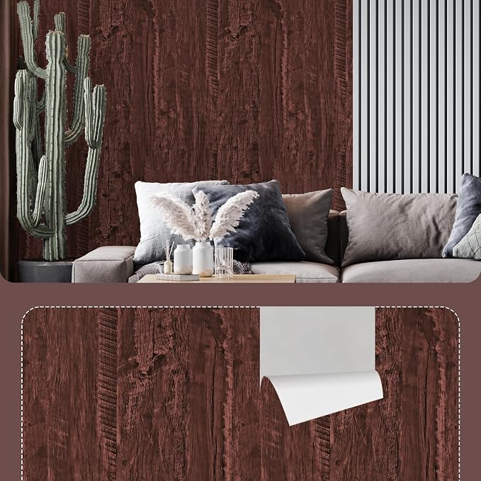 Wood Contact Paper Red Brown Faux Wood Peel and Stick Wallpaper Vintage Removable Self Adhesive Wooden Wallpaper Woods Grain Contact Paper for Countertops Cabinets Walls 17.3"x400" - Image 3