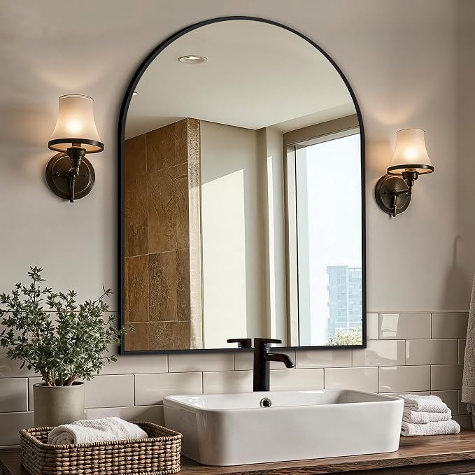Arched Bathroom Vanity Mirror for Over Sink, 40”x30”, Black by LawadaMirror